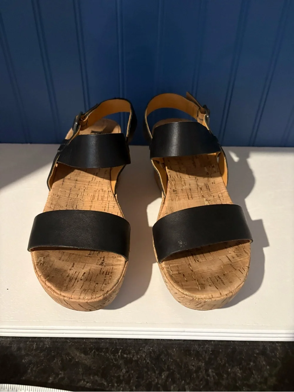 Kork-Ease Black Leather Cork Wedge Sandals